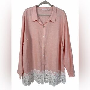 Susan Graver Pure Cross Dyed Linen Blend Button Up Shirt Lace Pink Sz 2X